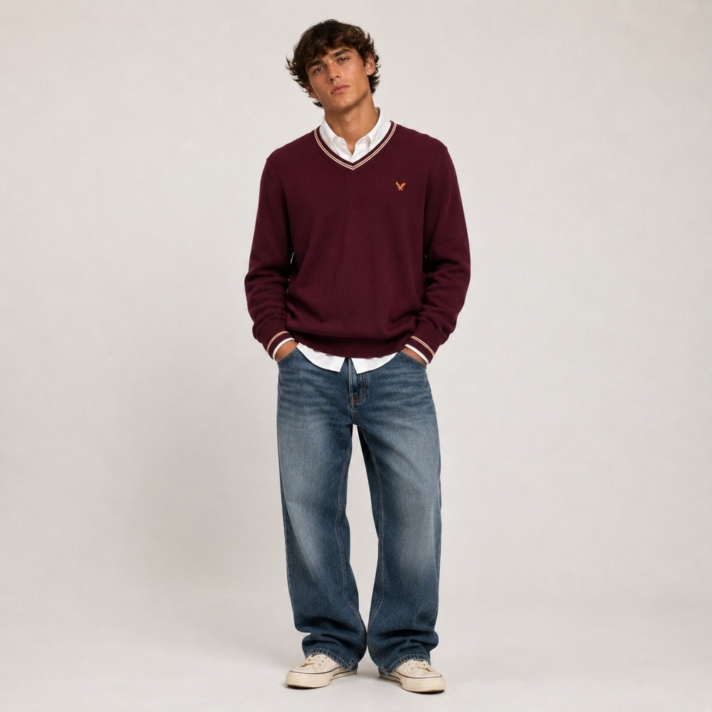 American Eagle Mens Sweater V-Neck  XL Burgundy Preppy Minimalist Casual